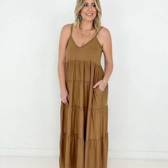 Zenana V-Neck Cami Maxi Tiered Dress with Side Pockets in Dark Olive - Picture 6 of 11